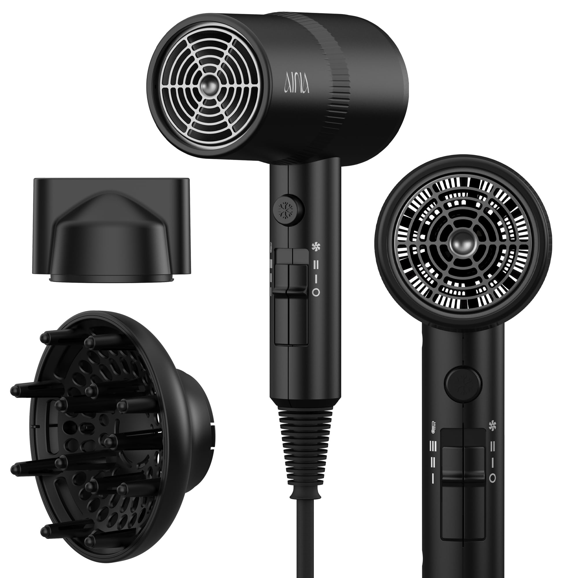 AINA hair dryer with diffuser and concentrator attachments for precision styling.