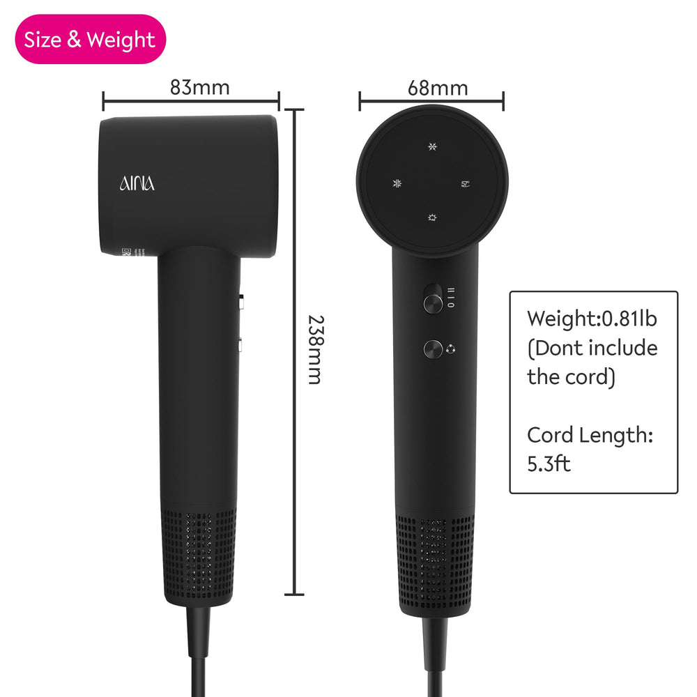 AINA hair dryer with ionic technology helps reduce frizz for smoother results.