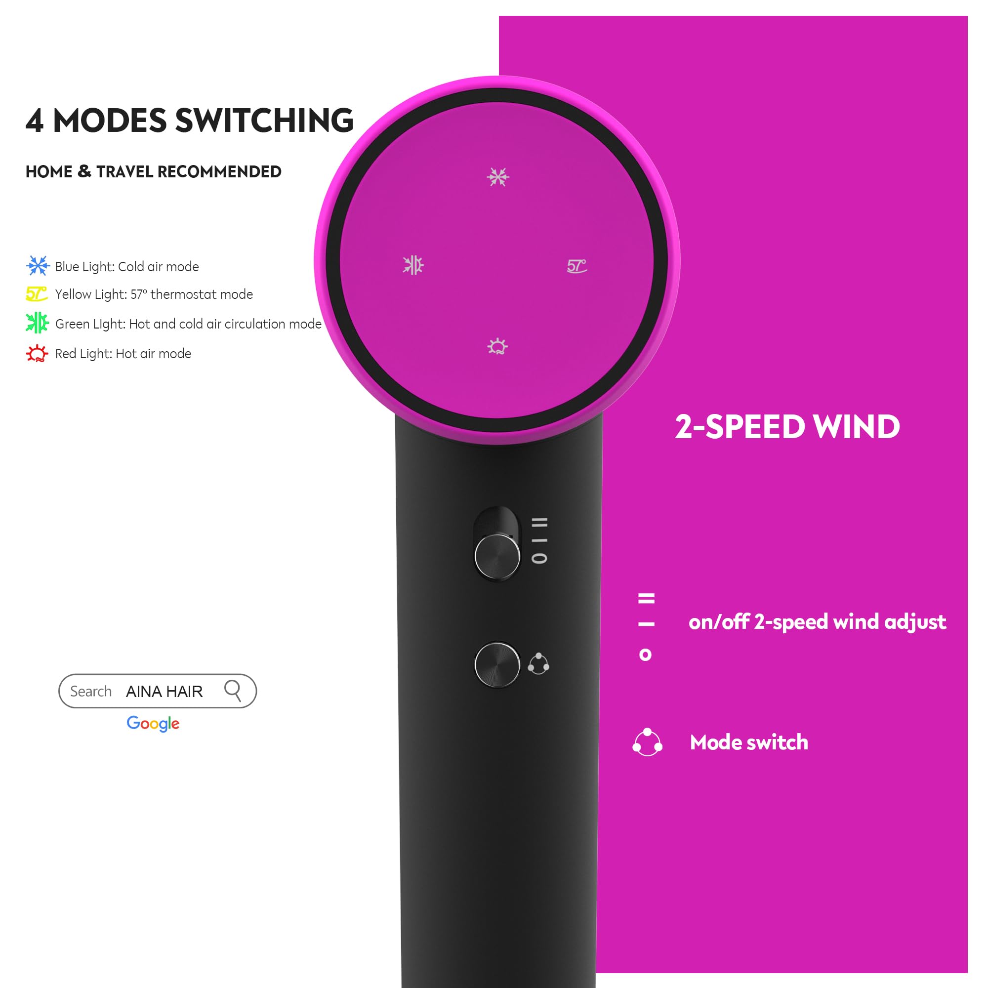 AINA Hair Dryer ionic technology highlights frizz control and shine