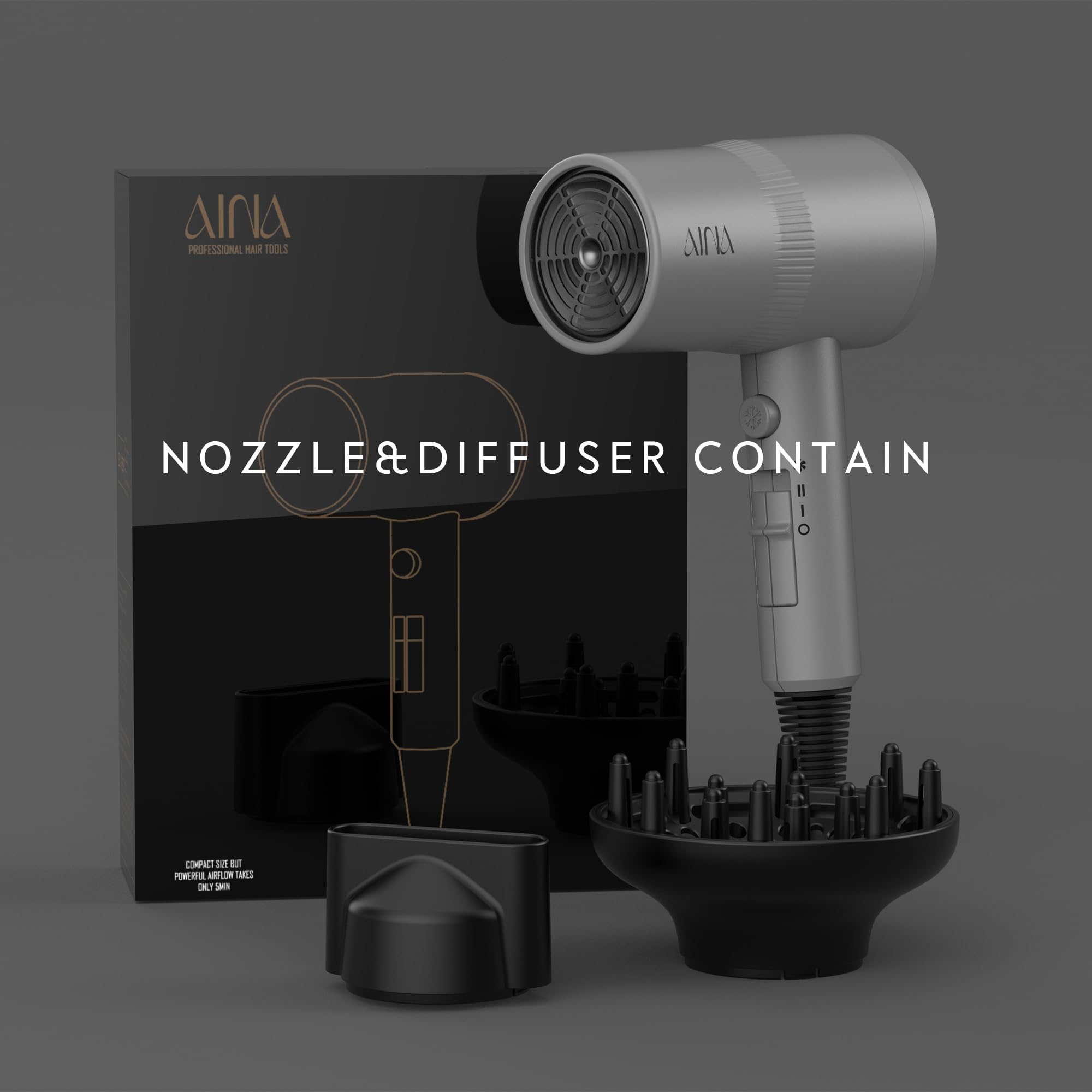 Aina hair dryer illustrates tourmaline technology for frizz reduction and smoothness.