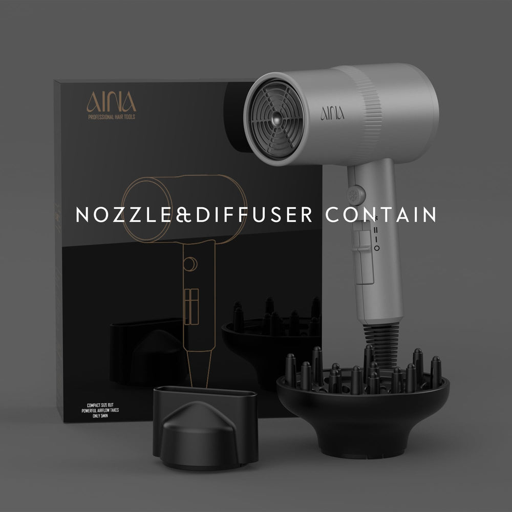 Aina hair dryer illustrates tourmaline technology for frizz reduction and smoothness.