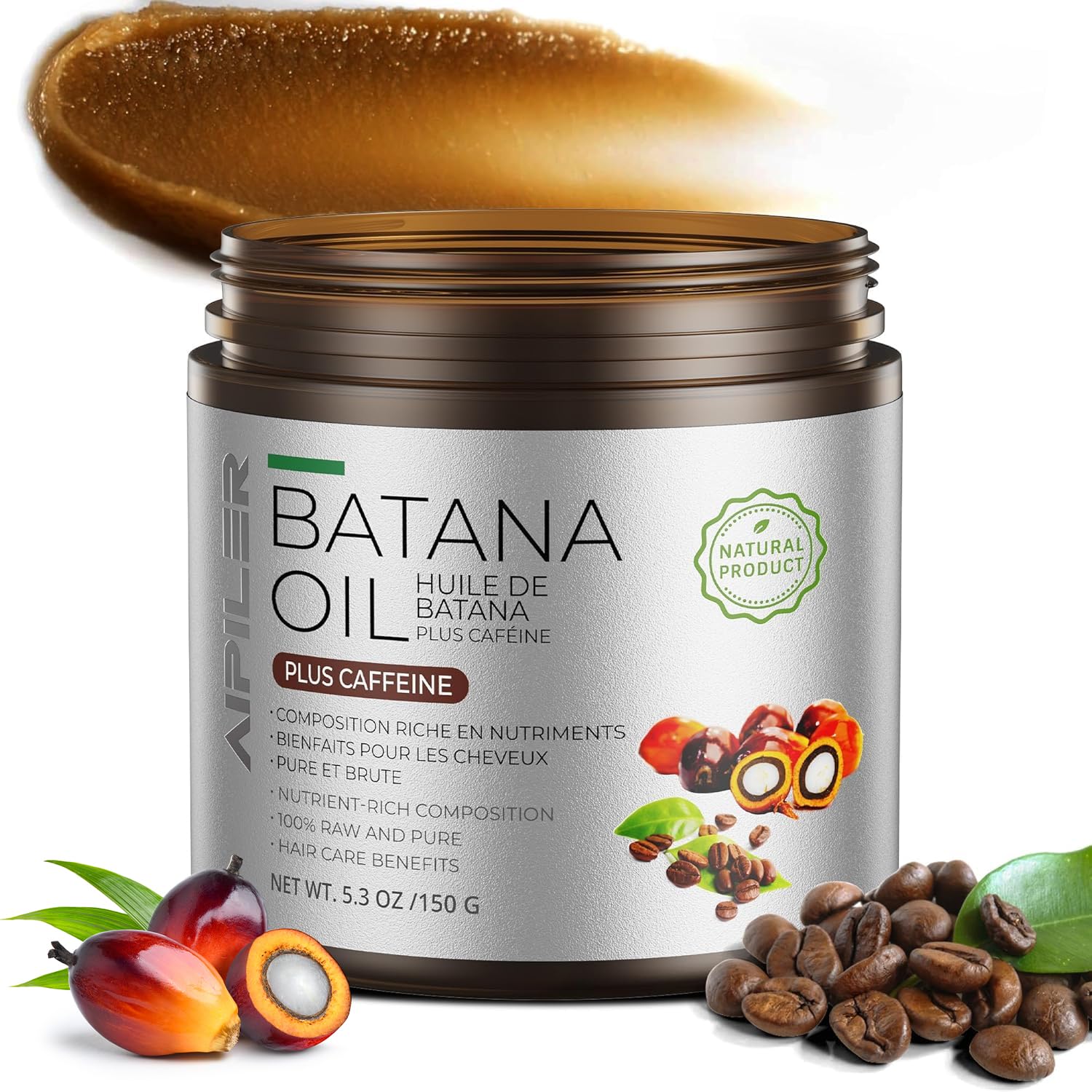 AIPILER Batana Oil bottle closeup showing pure ingredients for stronger, shinier hair.