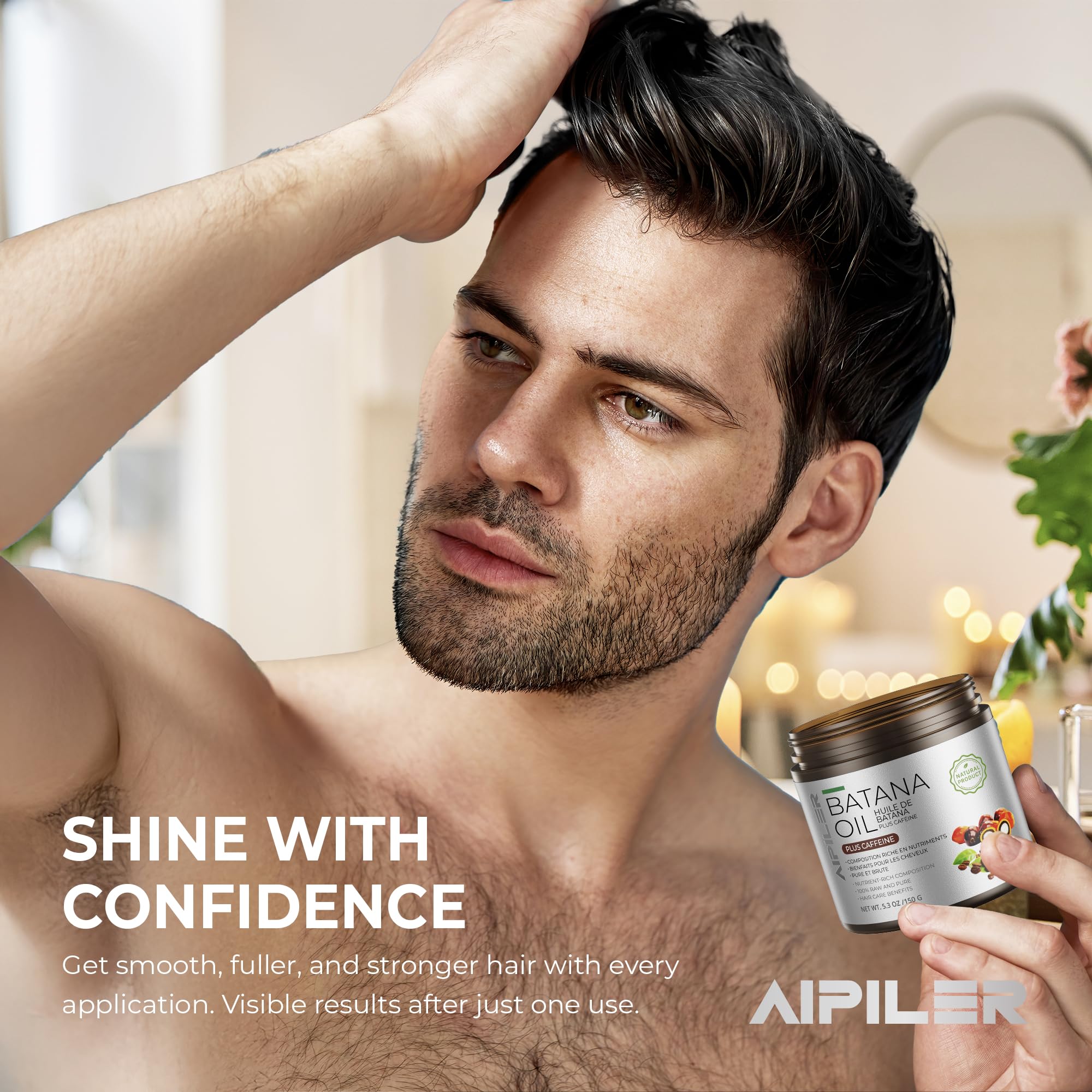 AIPILER Batana Oil being applied by hands for frizz control and smoother strands.