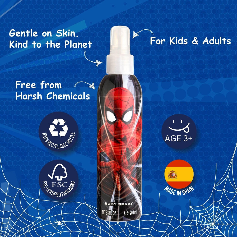 Air-Val Marvel Spider-Man kids cologne play scene with vibrant bottle.