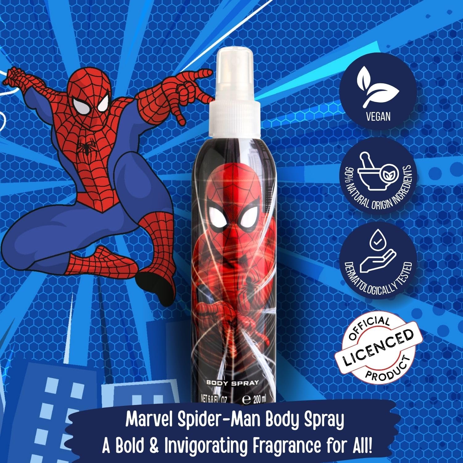 Air-Val Marvel Spider-Man kids cologne side view of travel-friendly bottle.