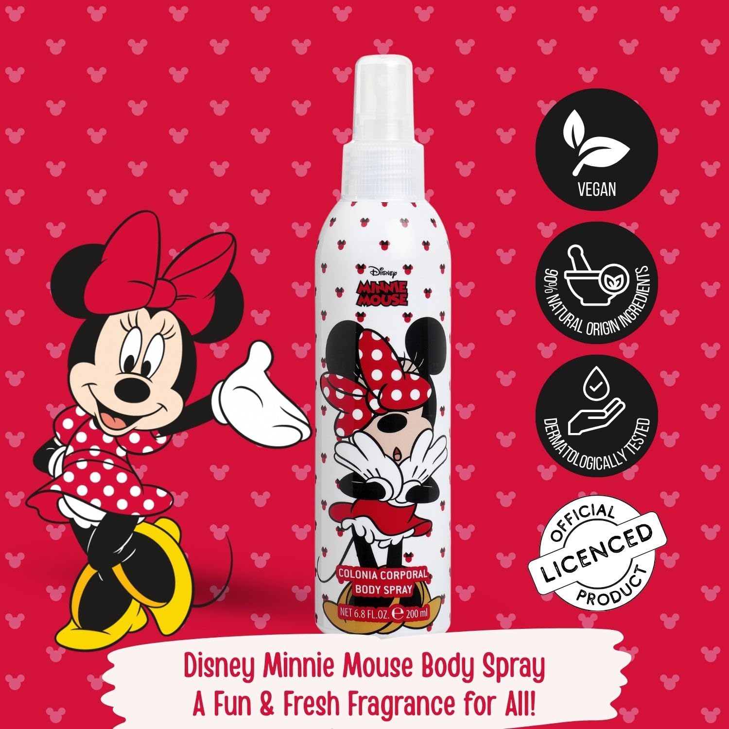 Air-Val Minnie Mouse dots graphic on bottle signaling kid-friendly fragrance for daily adventures.