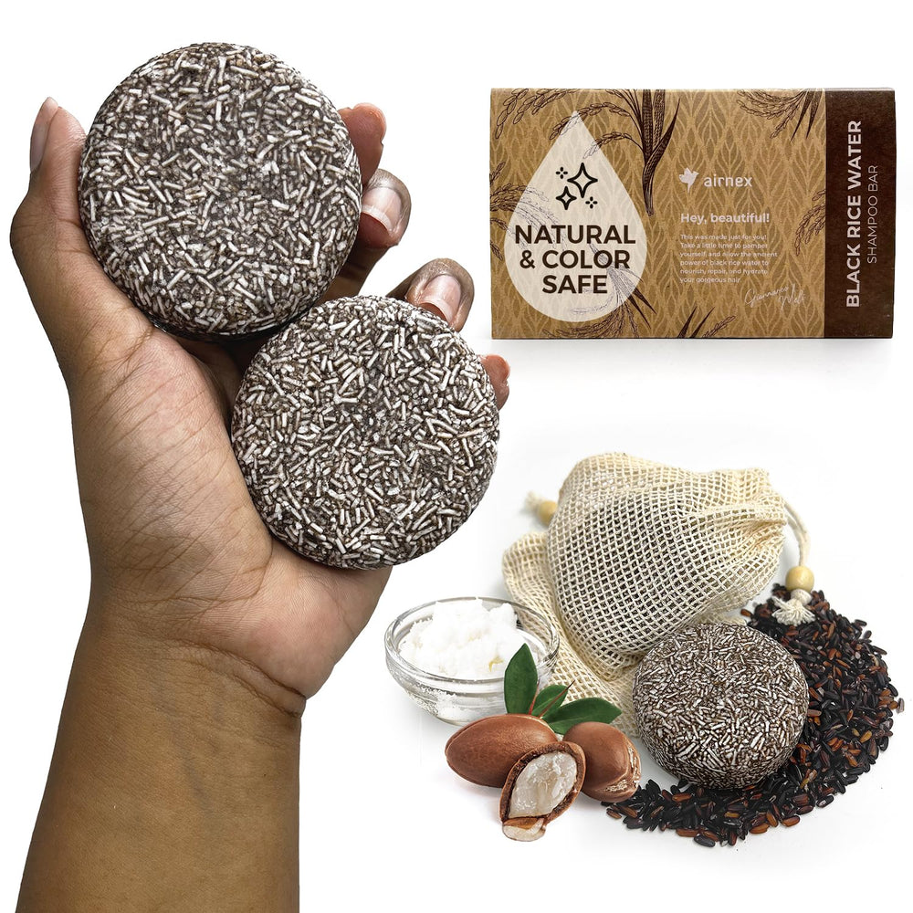 AirNEX Black Rice Water Shampoo Bar packaging shows natural, sulfate-free cleansing.