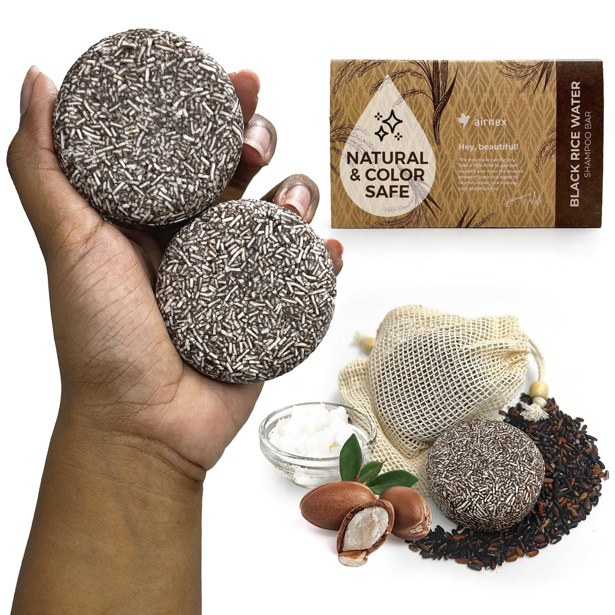 AirNEX Black Rice Water Shampoo Bar packaging shows natural, sulfate-free cleansing.