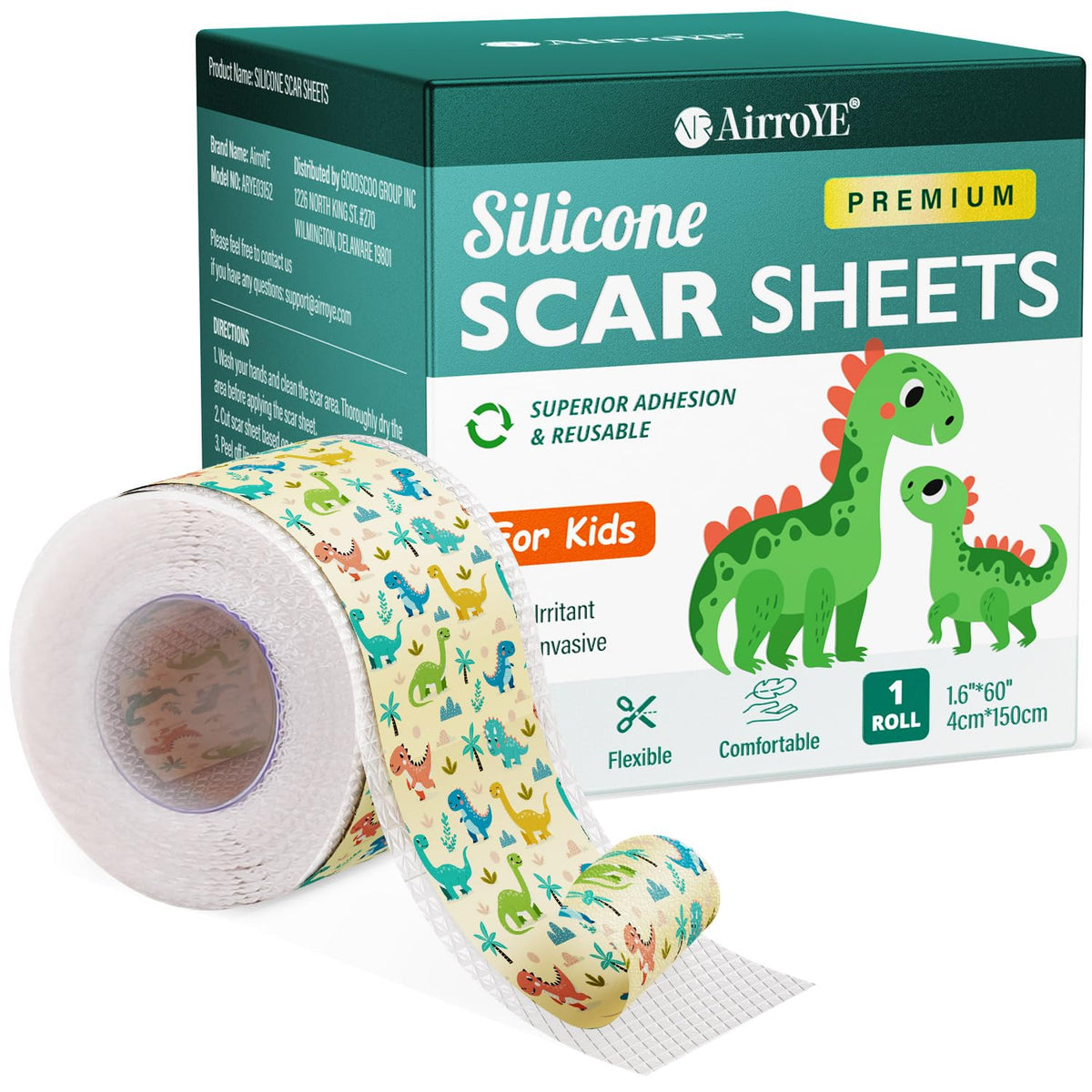 AirroYE Dinosaurs silicone scar sheet main provides discreet scar coverage.