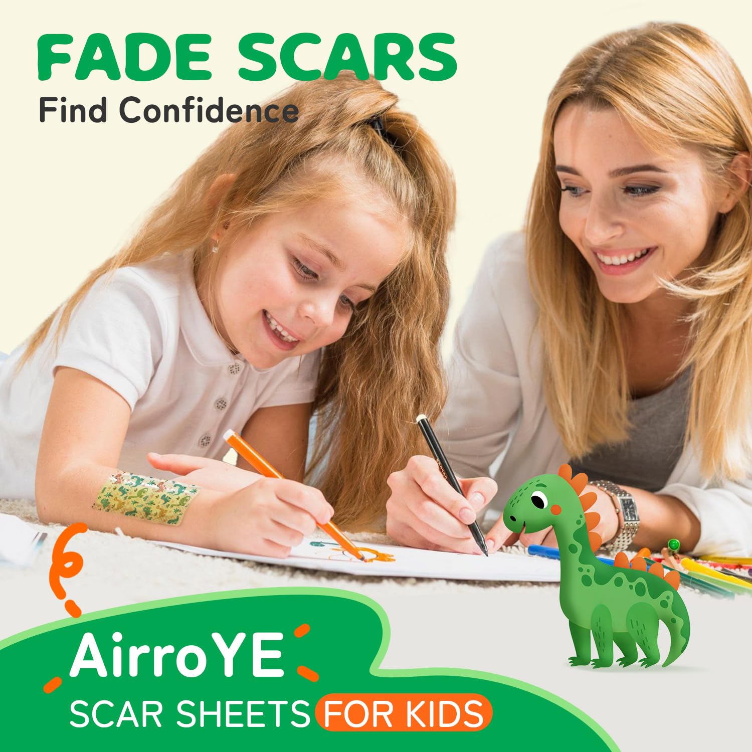 AirroYE Dinosaurs silicone scar sheet on kid skin demonstrates gentle adhesion.