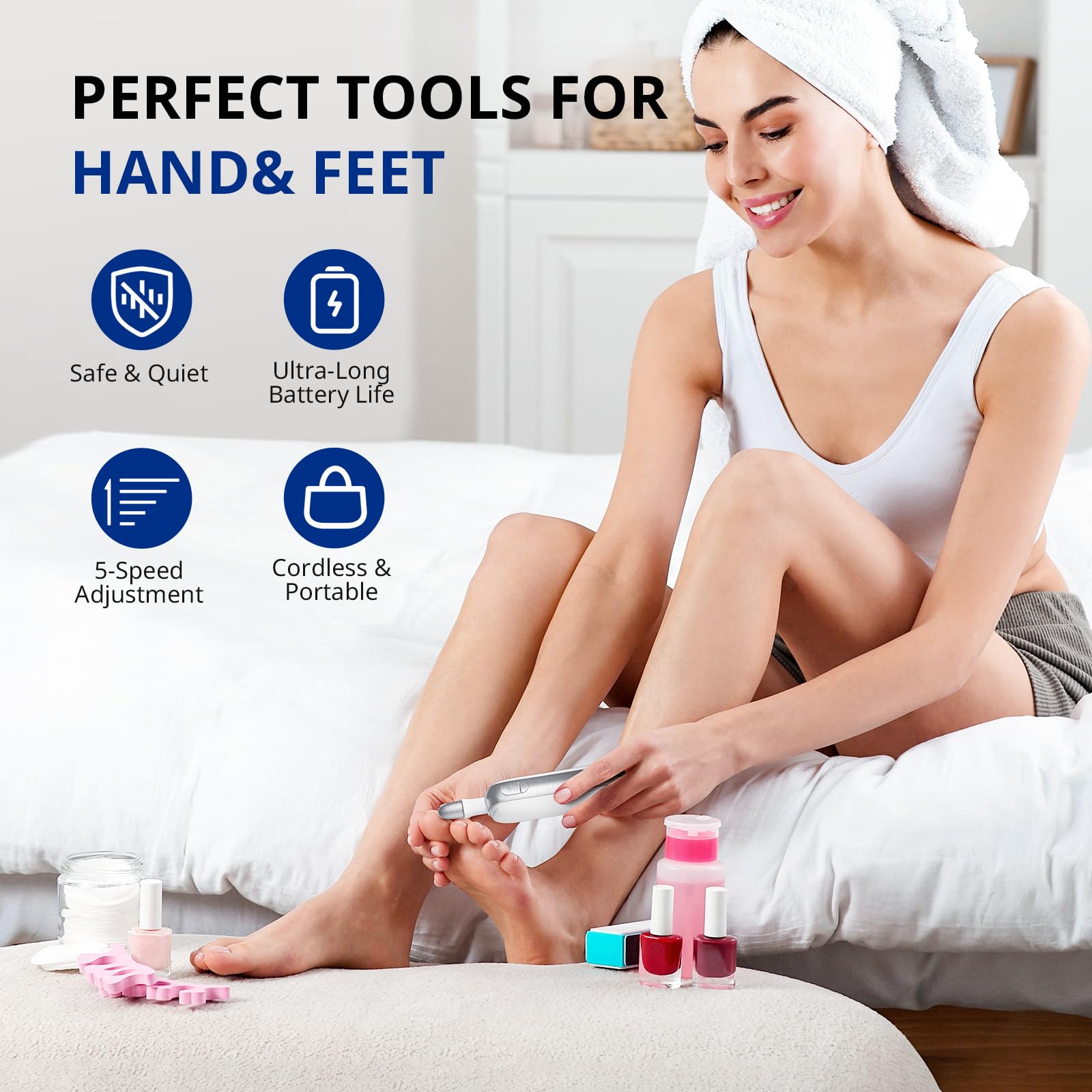 AIRSEE 6-in-1 electric nail file assembly showcases versatile tool for nails.