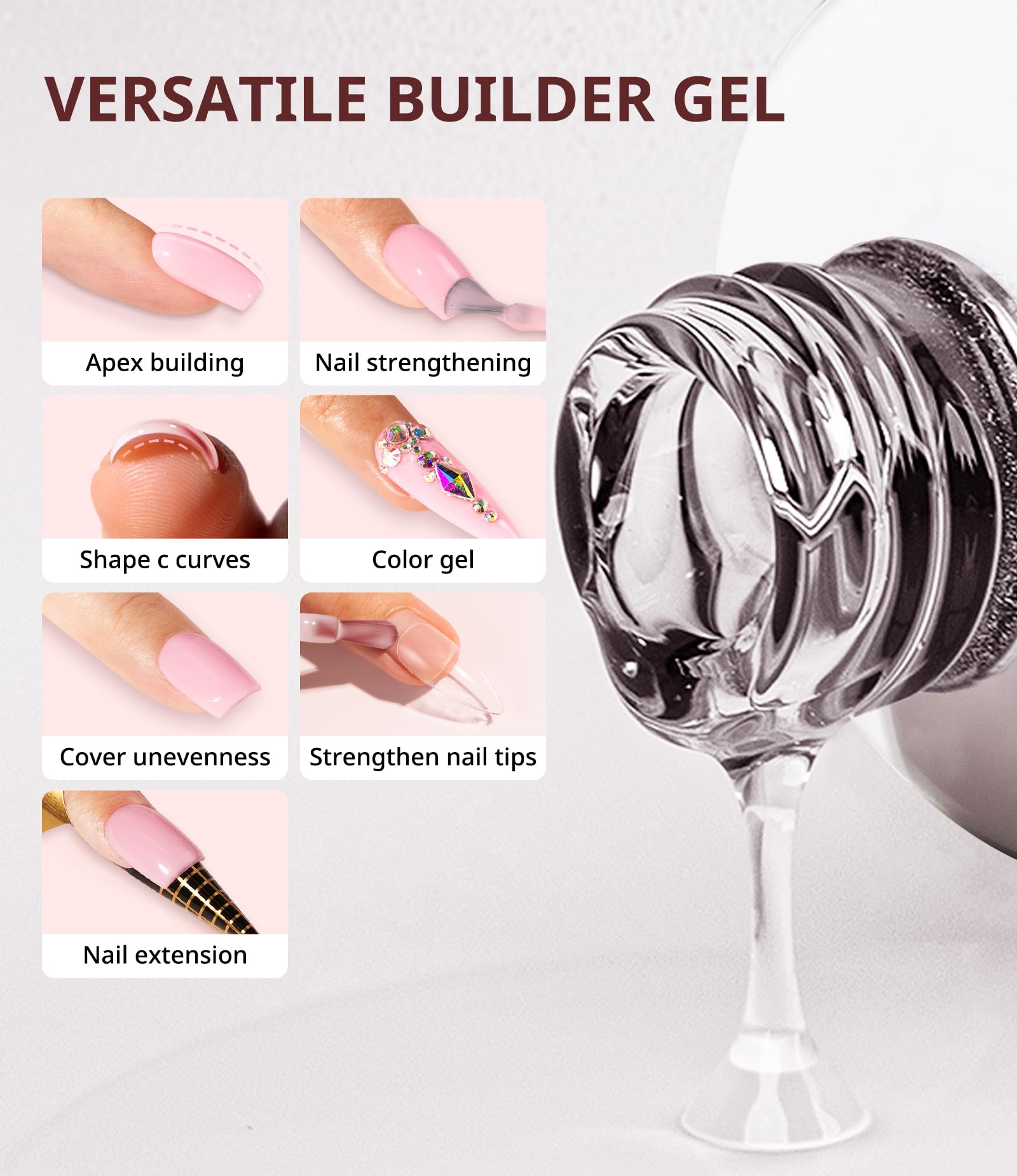 AIRSEE Builder Nail Gel base-coat provides foundation for art and extensions.