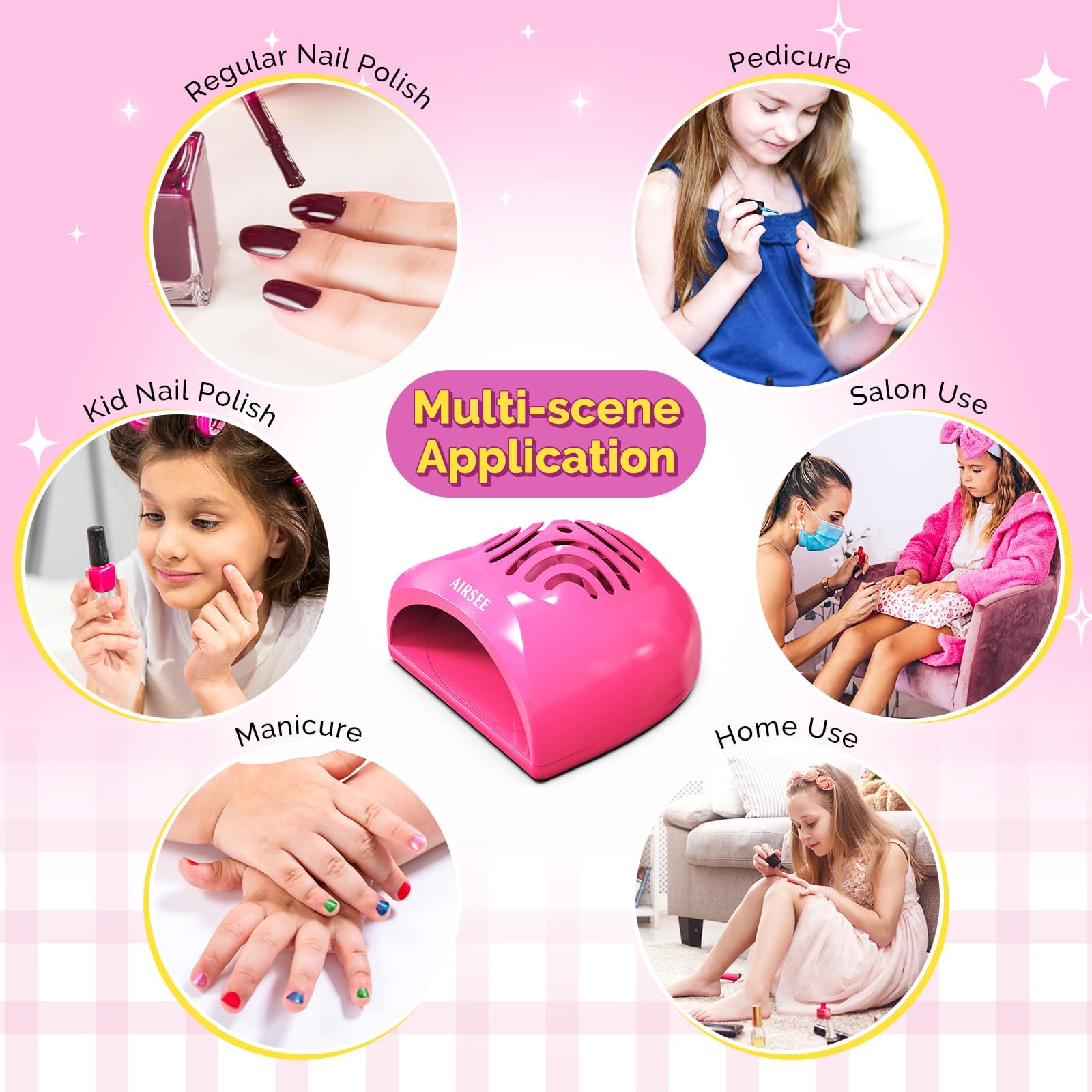 AIRSEE Kids Nail Dryer pink stickers included—spark creativity with DIY art.