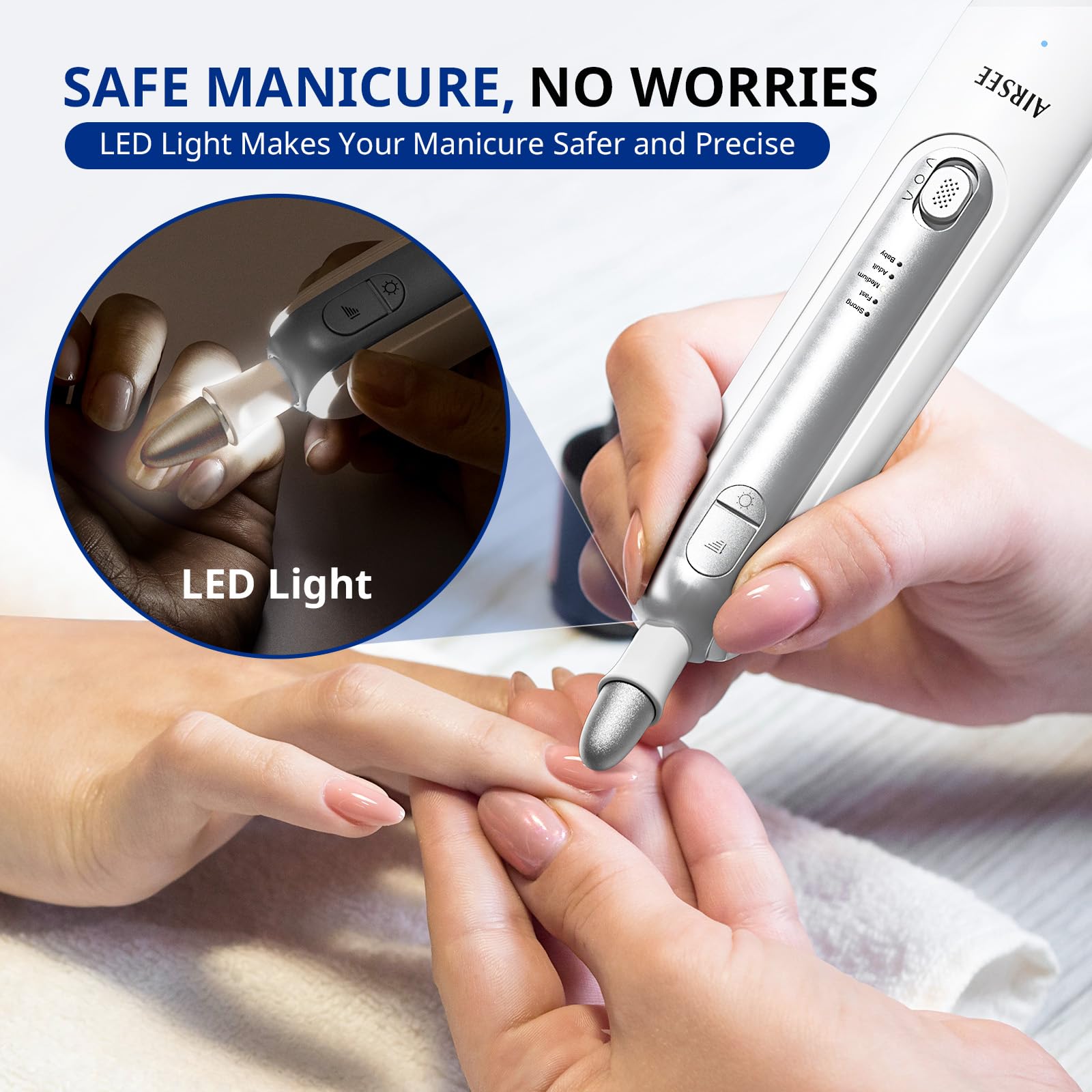 AIRSEE LED-lighted nail file provides precision during detailed edge and cuticle work.