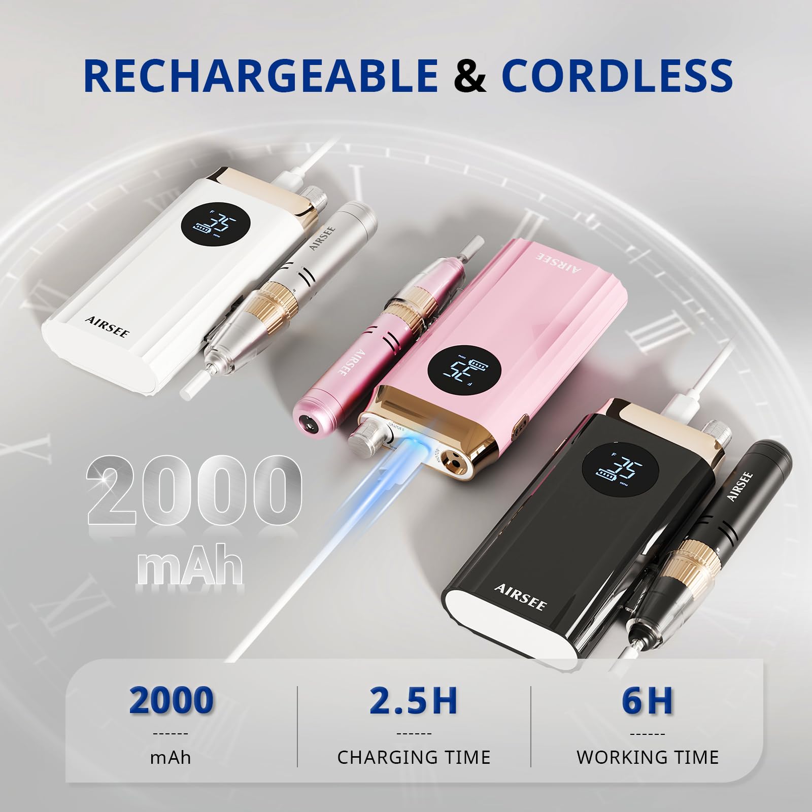 AIRSEE cordless portable design ready for on-the-go manicure scenarios