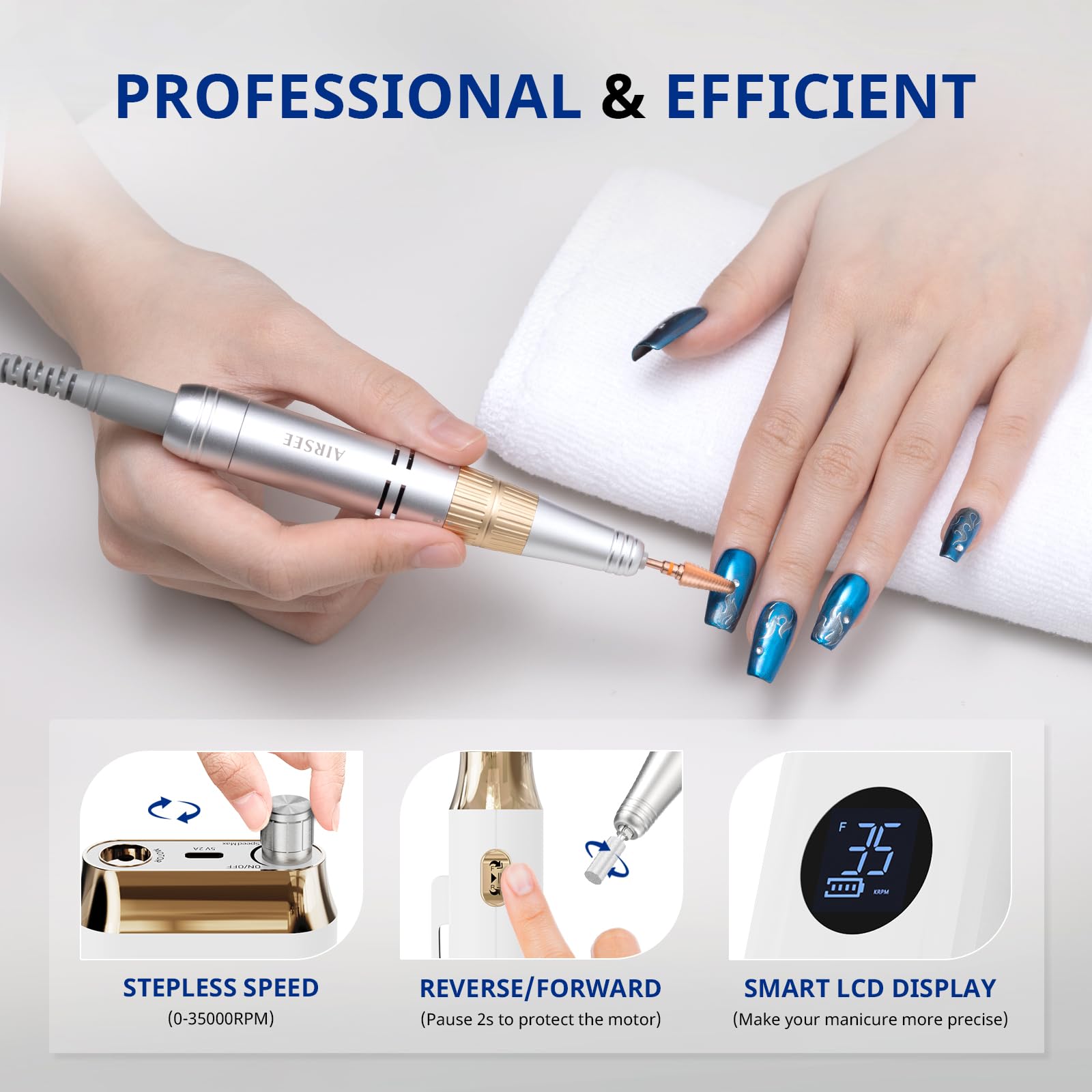 AIRSEE nail drill speed control highlighting 0-35000 RPM versatility for nail work