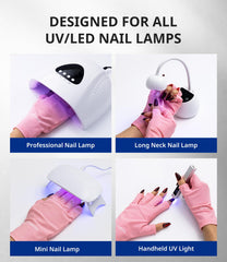 AirSee Premium UPF50 gloves pink while using UV lamp demonstrates UV protection during manicures