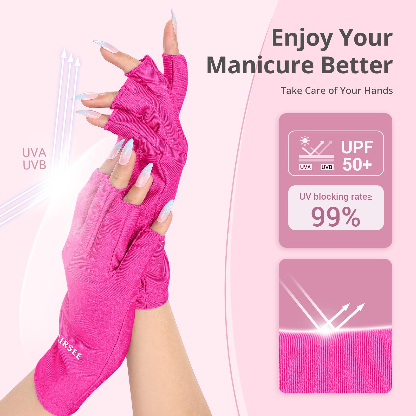 AIRSEE UV Gloves Rose Red color shields skin during nail sessions.