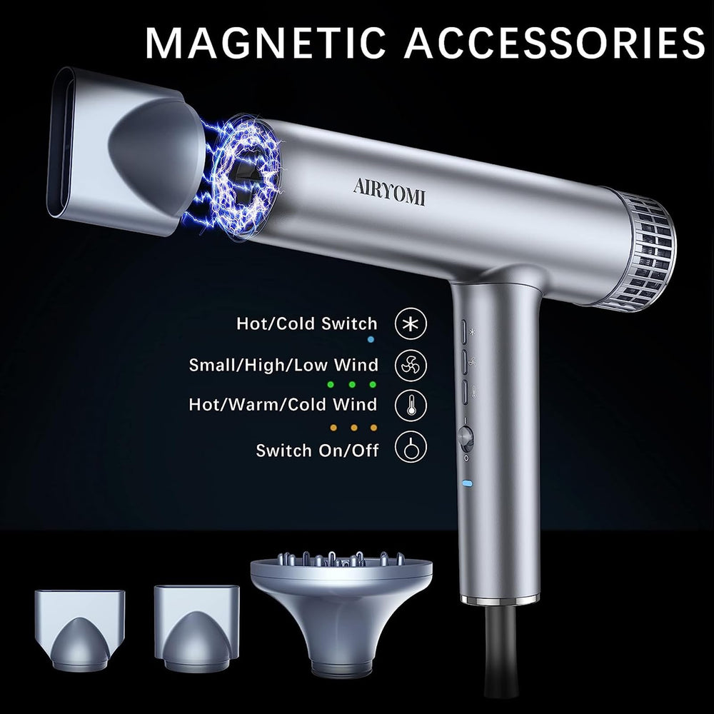Airyomi hair dryer offers three heat and three speed settings with a cooling shot.