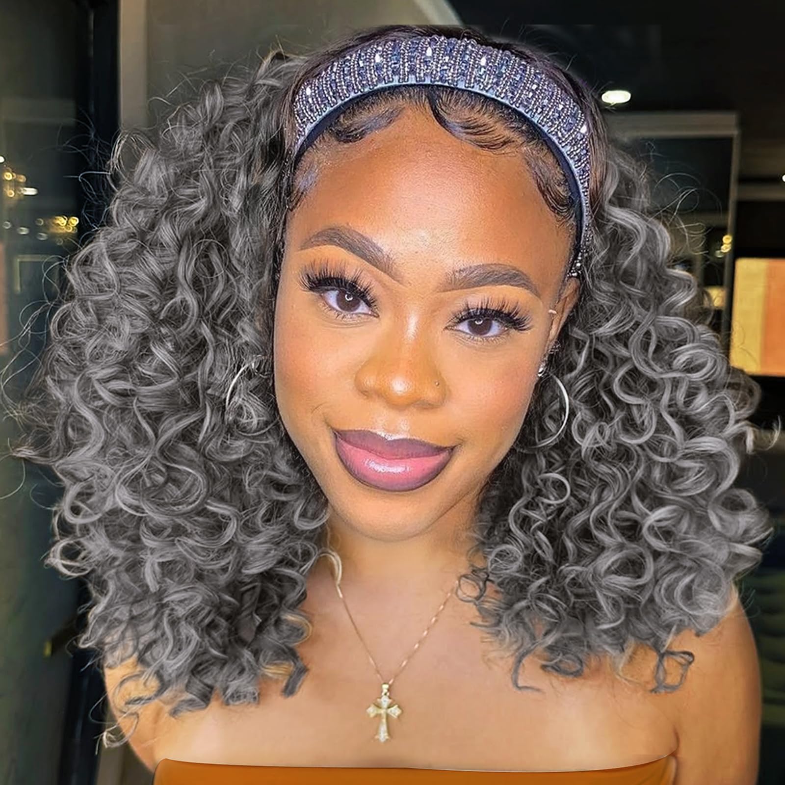 Aisaide kinky curly headband wig on model showing natural-looking hairline and easy styling