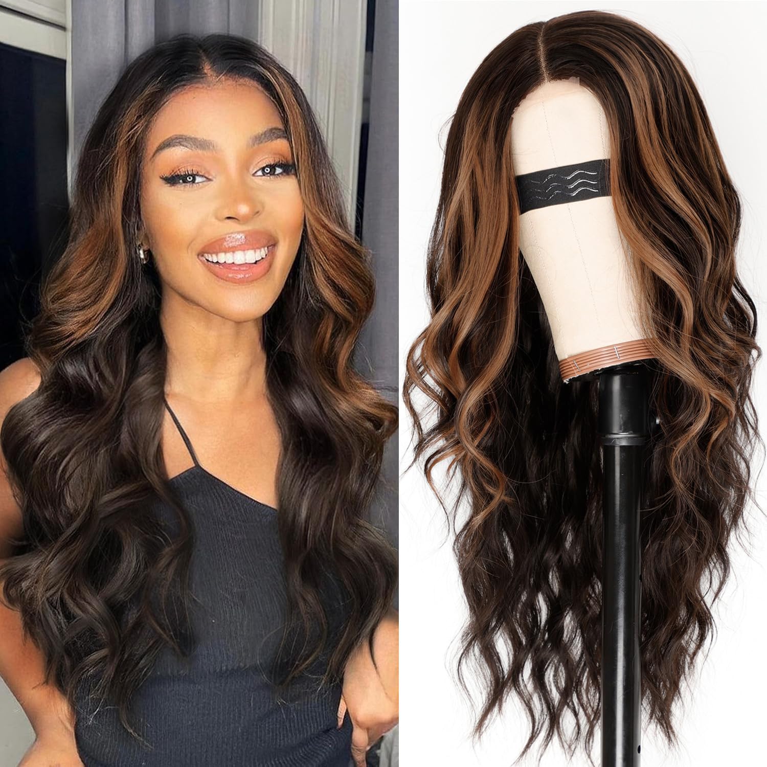 AISI HAIR dark brown highlights wig 26inch shows vibrant color for daily styling versatility.