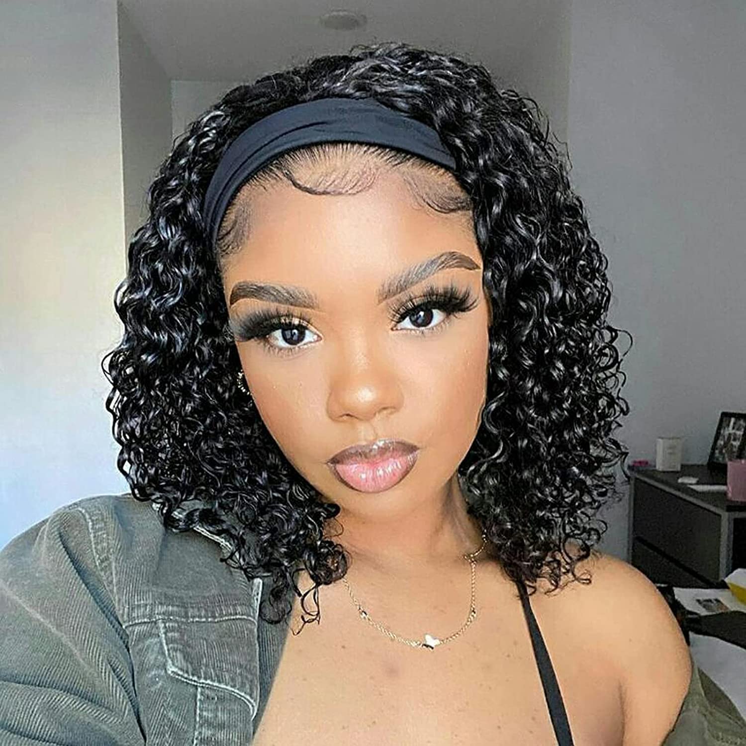 Aiterina headband wig deep wave 12in front view enables quick, comfortable daily styling.