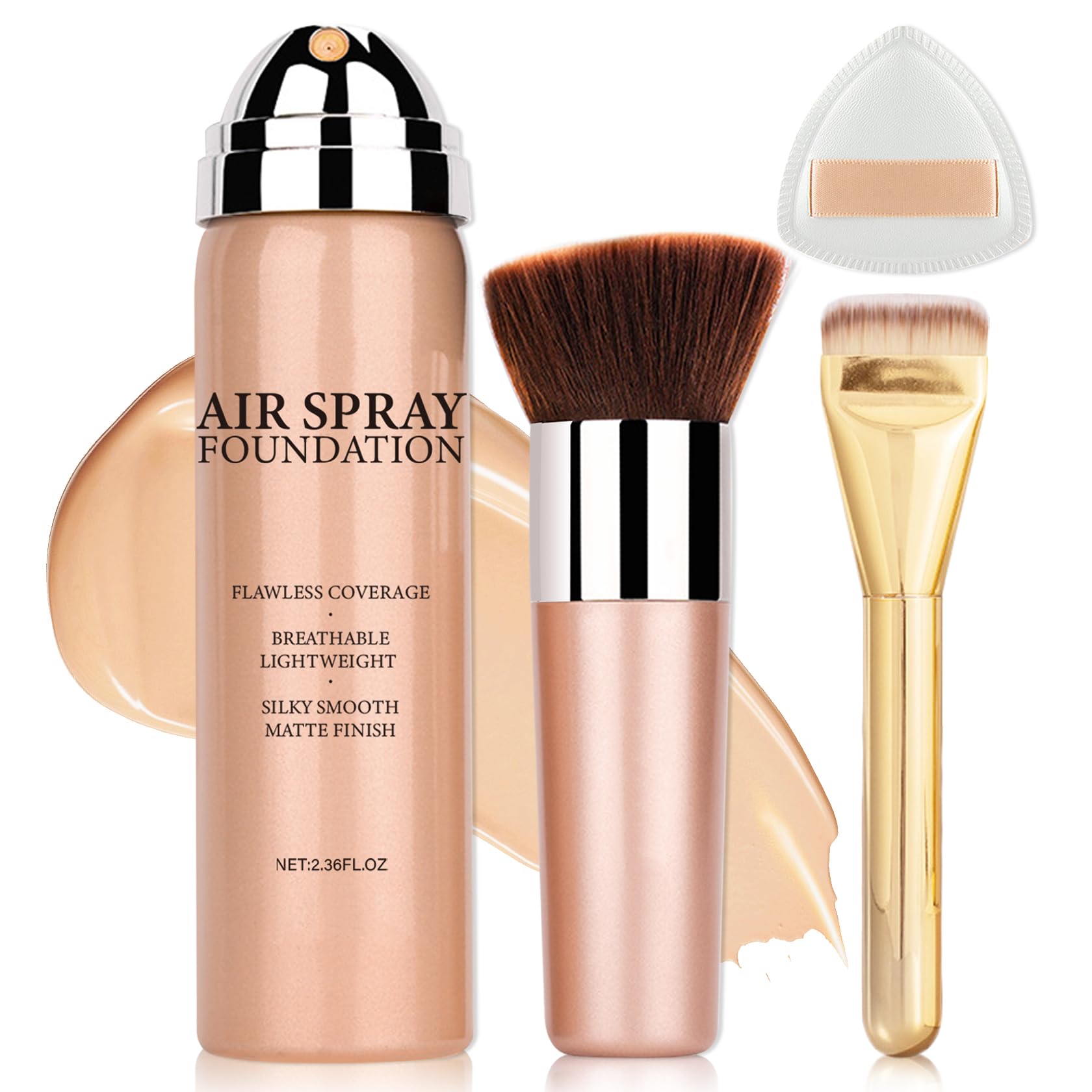 AIUEO airbrush foundation spray beige bottle with fine mist for smooth coverage.