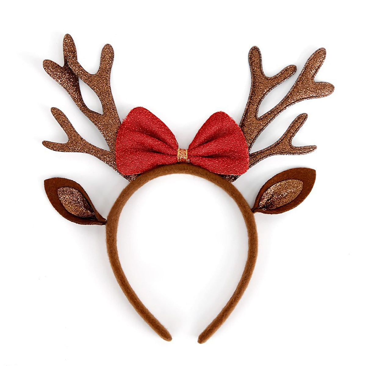 AIUPUOC reindeer headband with gold glitter antlers and bells for festive party styling.