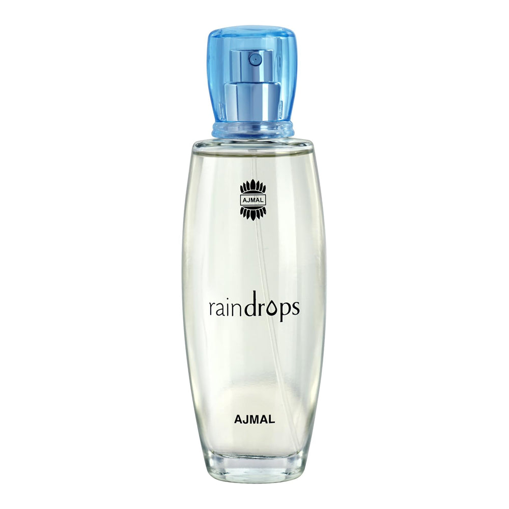 Ajmal Rain Drops bottle close-up showcases a fresh floral-fruity vibe for daily wear.