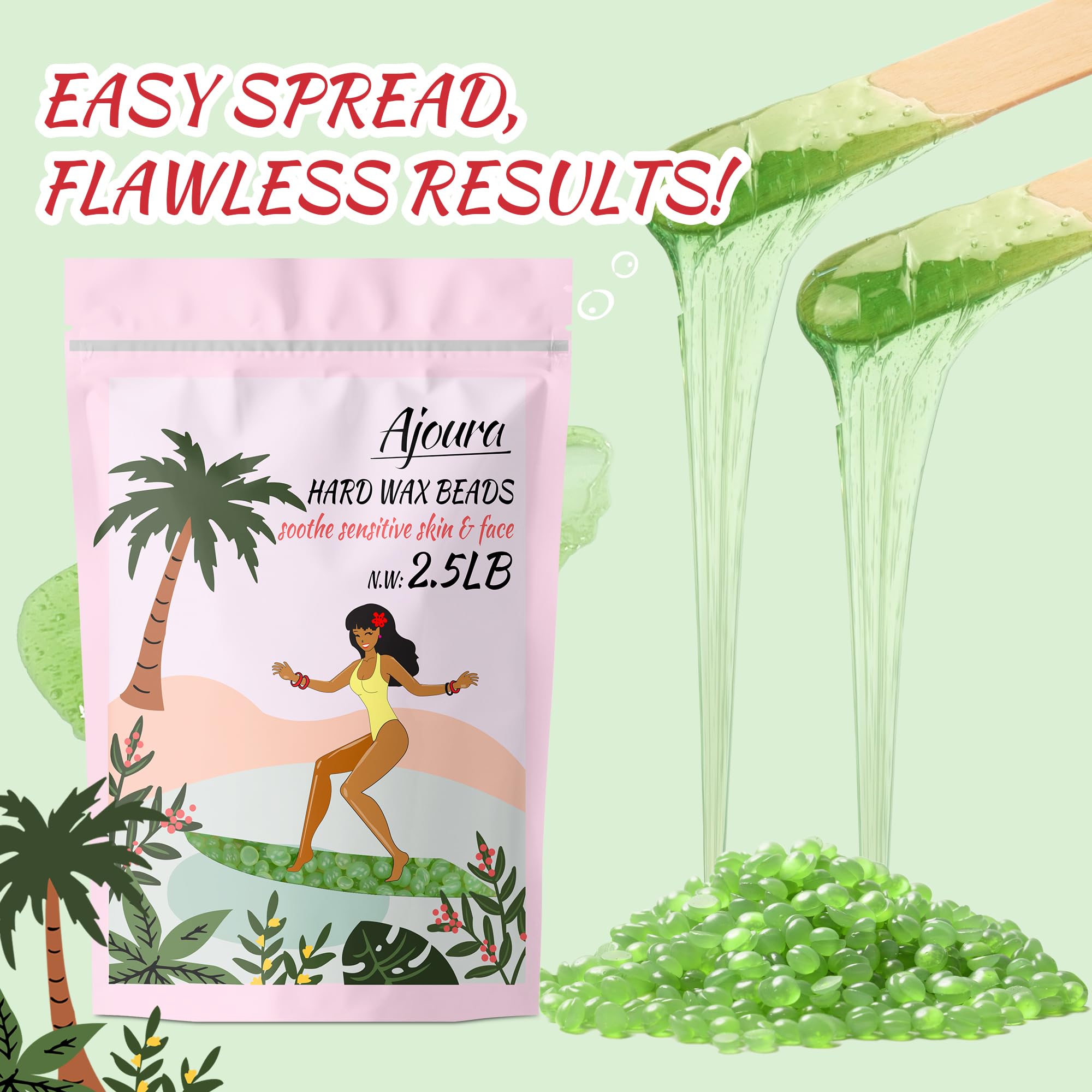 Ajoura Aloe Hard Wax Beads low-melting-point formula reduces temperature and discomfort.