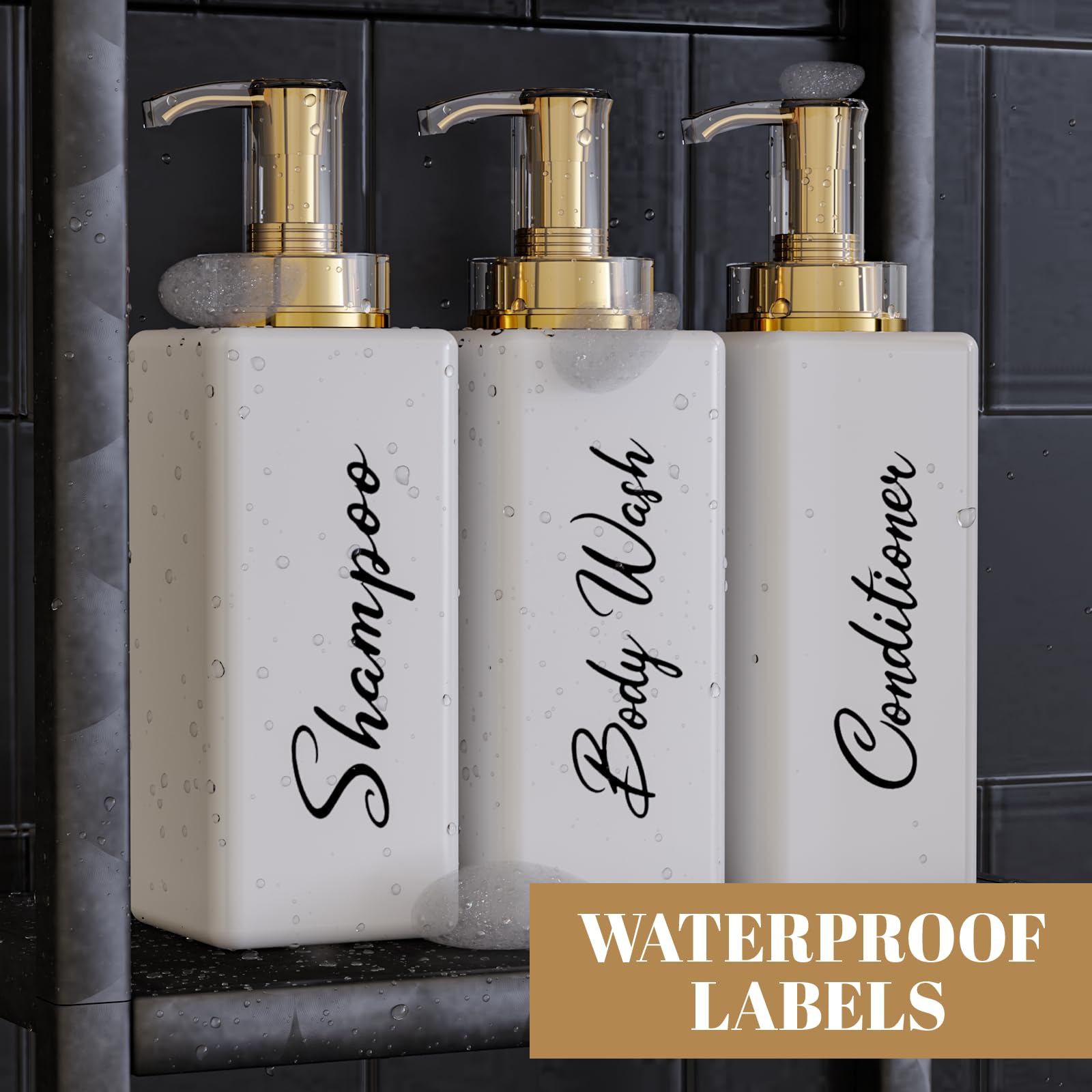 Akalin gift-ready bathroom dispenser set, stylish white and gold design.