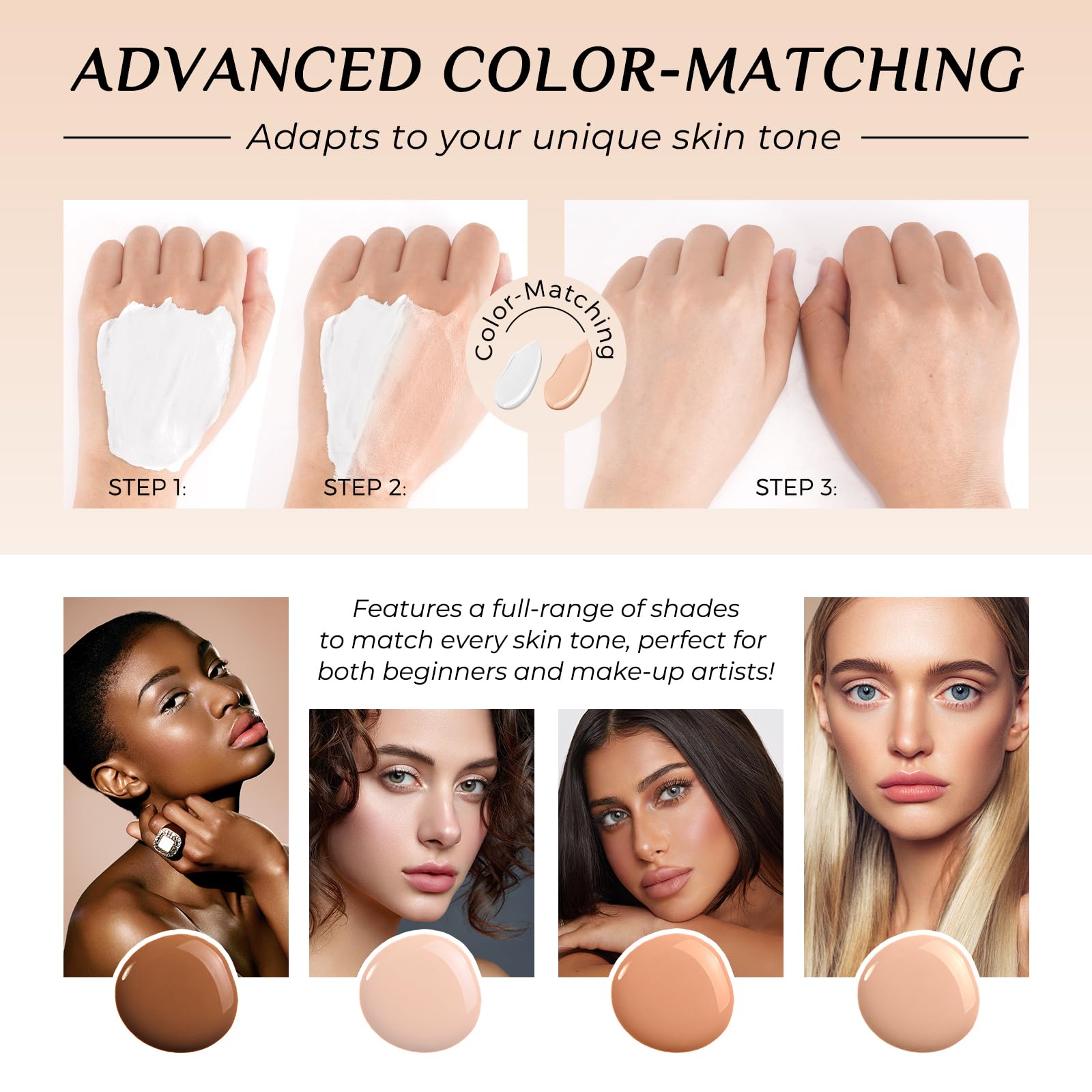 akareni Color Changing Foundation shade-range swatches highlight color-adaptive finish.