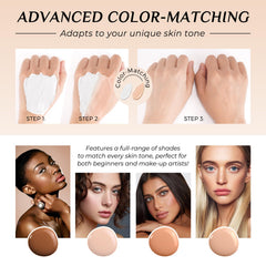 akareni Color Changing Foundation shade-range swatches highlight color-adaptive finish.