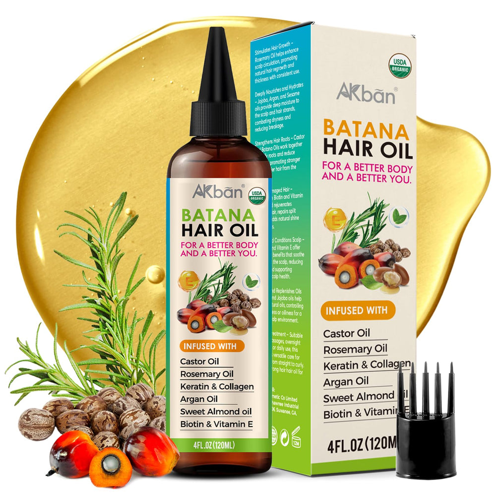 AKBAN Hair Growth Oil bottle with Batana blend nourishes scalp and hair.