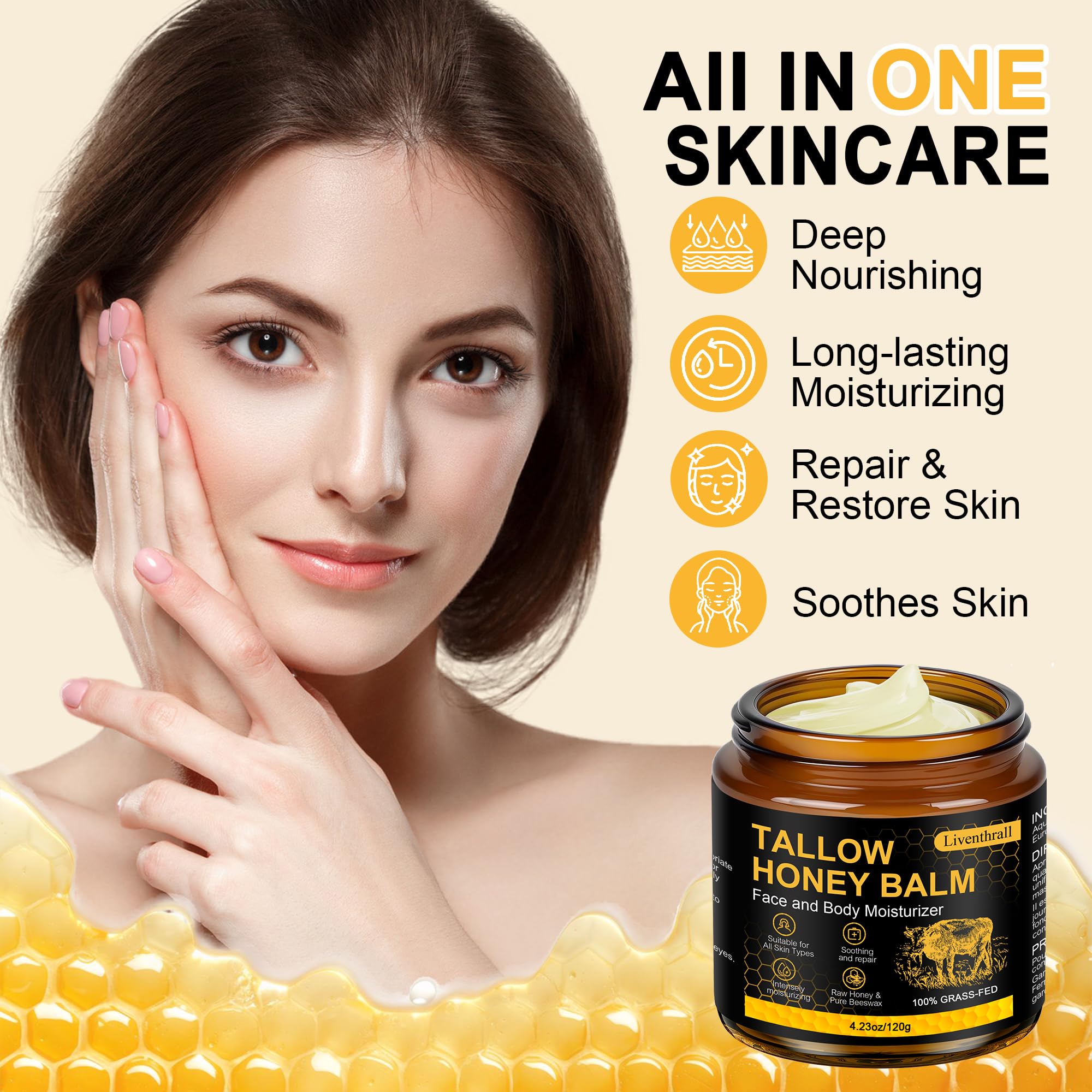 AKIICHI Beef Tallow Honey Balm application on the face highlights quick absorption and non-greasy feel