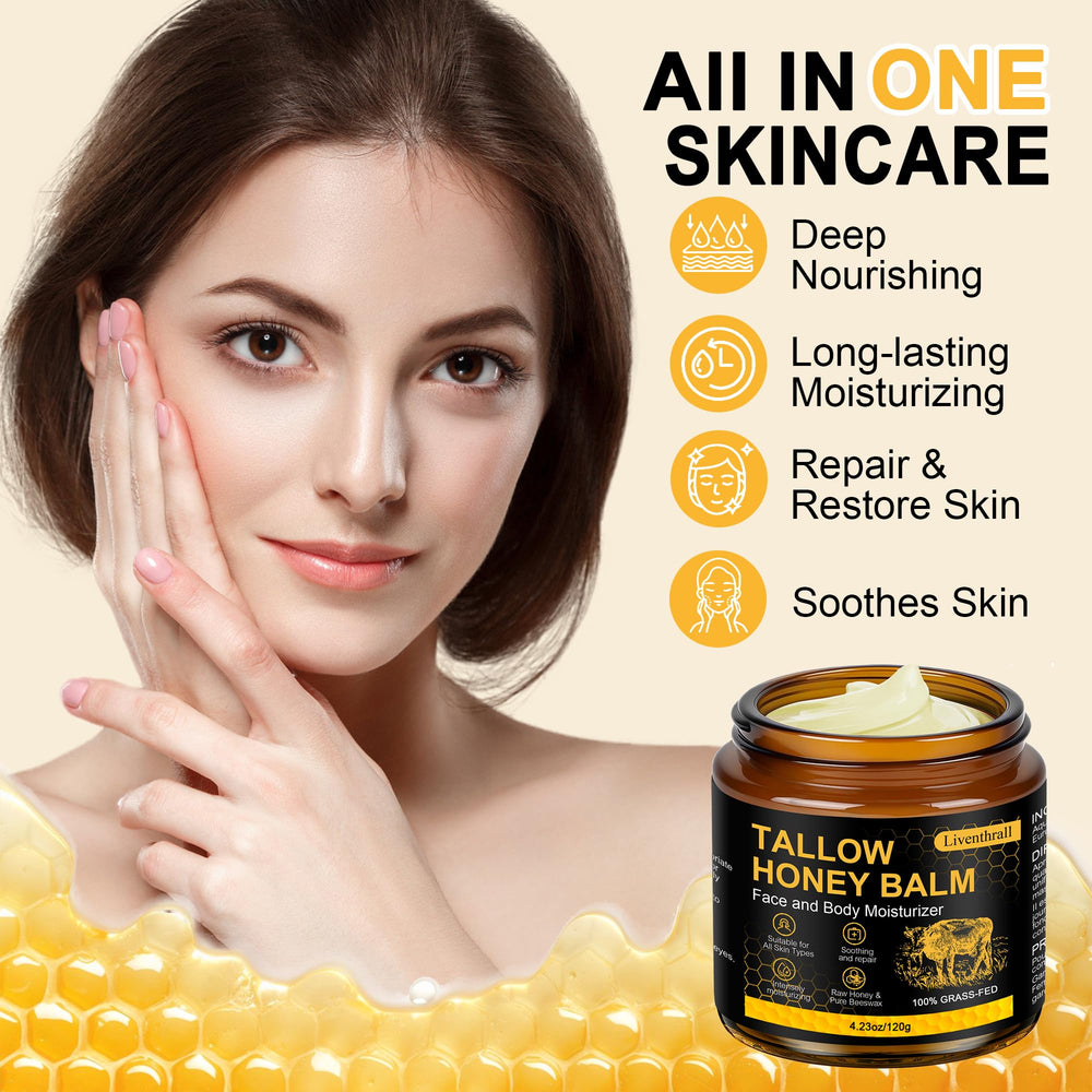 AKIICHI Beef Tallow Honey Balm application on the face highlights quick absorption and non-greasy feel