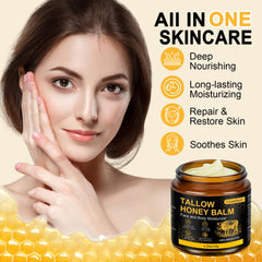 AKIICHI Beef Tallow Honey Balm application on the face highlights quick absorption and non-greasy feel