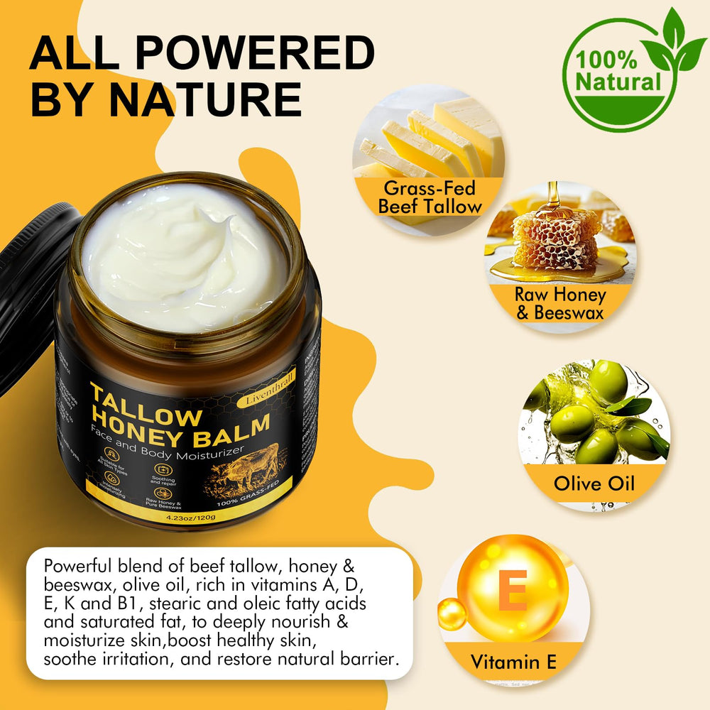AKIICHI Balm ingredients close-up showing grass-fed tallow, raw honey, beeswax, and olive oil