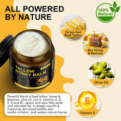 AKIICHI Balm ingredients close-up showing grass-fed tallow, raw honey, beeswax, and olive oil