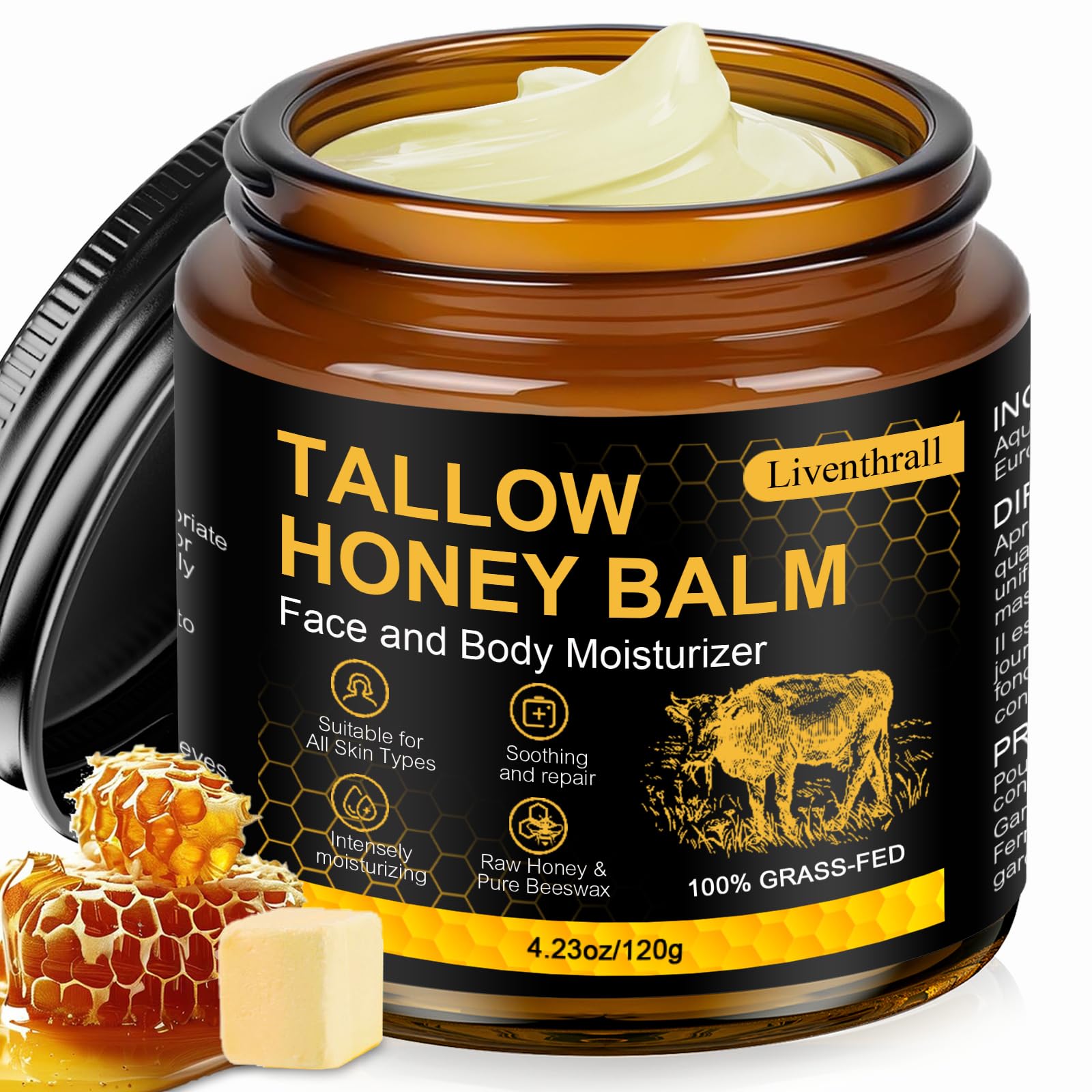 AKIICHI Organic Beef Tallow Honey Balm jar close-up showing creamy texture for daily hydration
