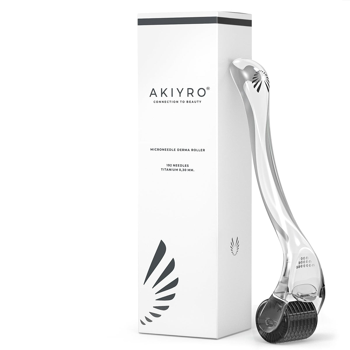 AKIYRO Derma Roller 0.30mm needle close-up aids skincare product absorption.