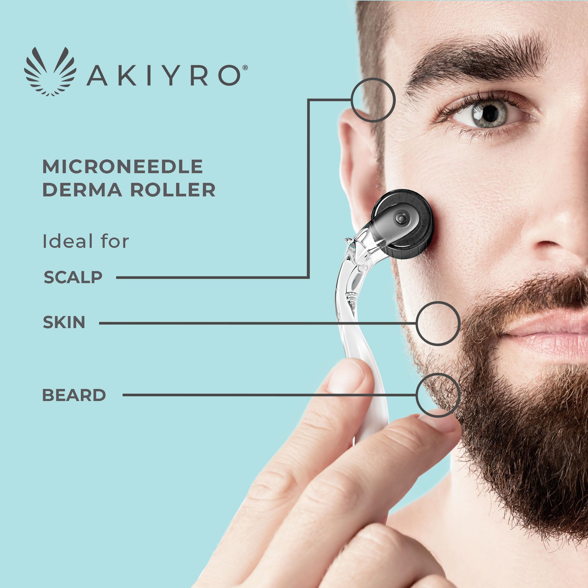 AKIYRO Derma Roller used on beard area for refined grooming routine.