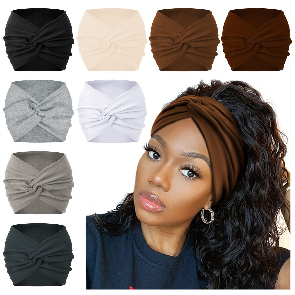 AKTVSHOW 7inch wide headband with twist-front-knot for stylish workouts.