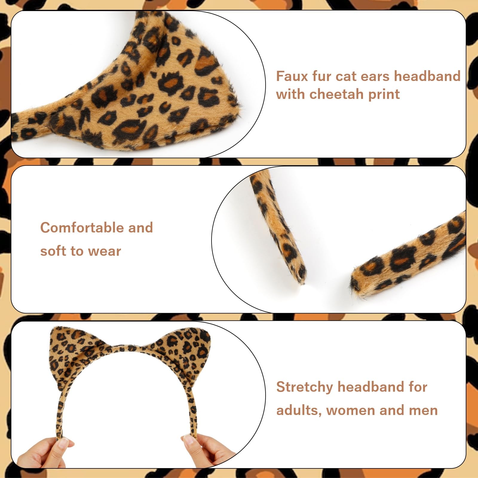 AKTVSHOW cheetah ears headband on head demonstrates comfortable, flexible fit for long wear.