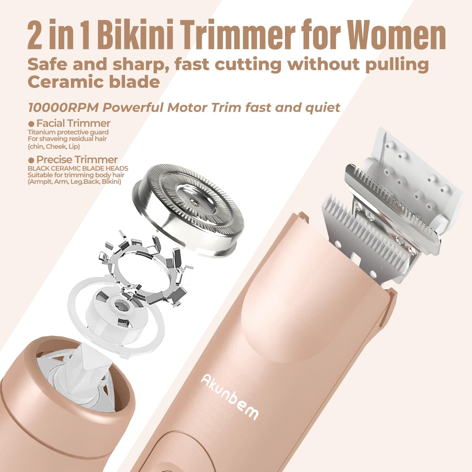 Akunbem Bikini Trimmer dual-head close-up showing versatility