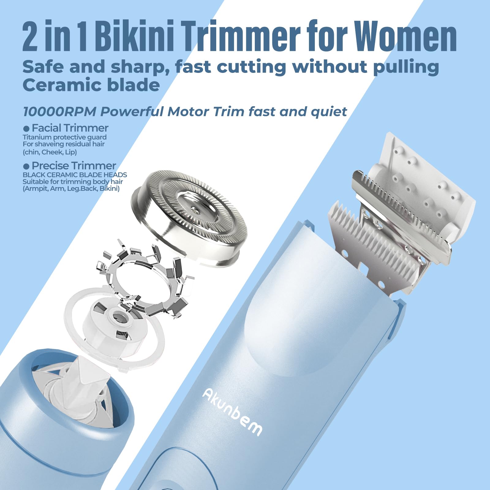 Akunbem bikini trimmer dual head side view supports versatile grooming
