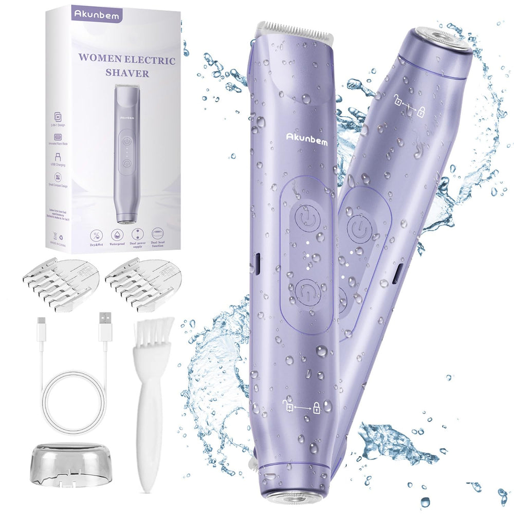 Akunbem bikini-trimmer dual-head design enabling versatile body and facial grooming.