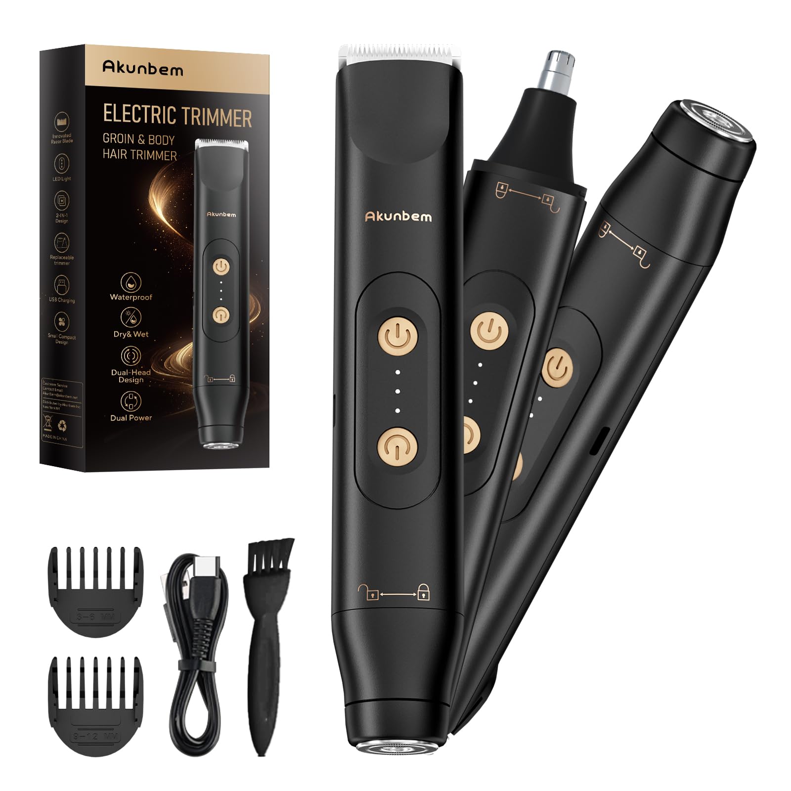 Akunbem dual-head design for body and face grooming, simplifying routines.