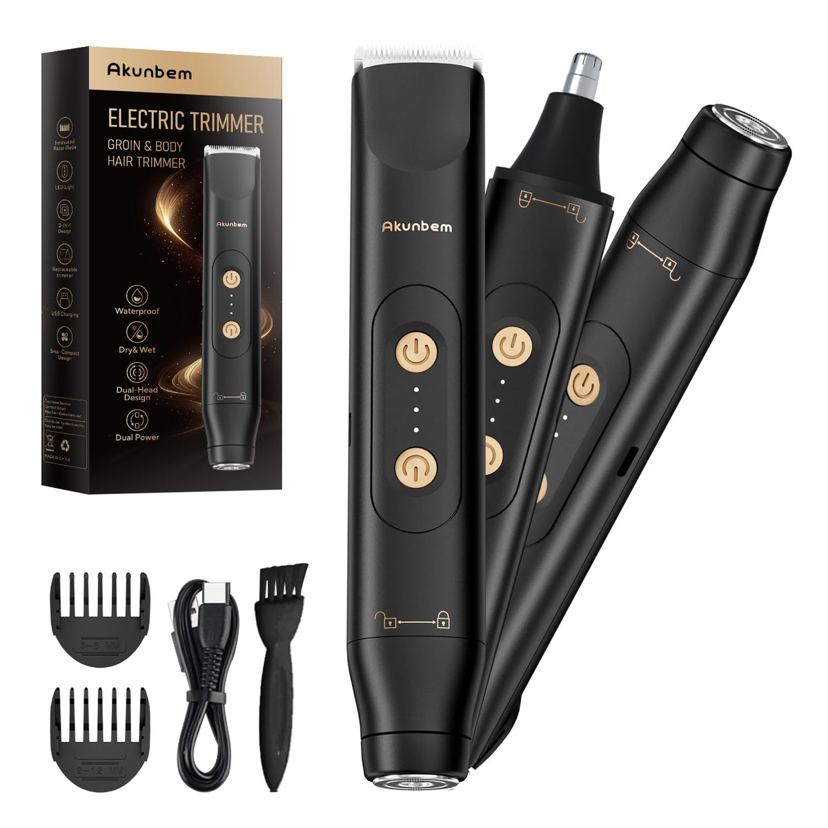 Akunbem dual-head design for body and face grooming, simplifying routines.