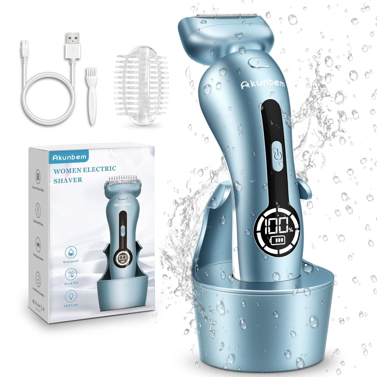 Akunbem electric razor for women blue front view for smooth leg shaving